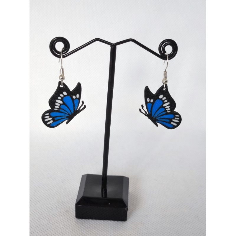 Boucles d'oreilles Papillon bleu noir blanc 3D
