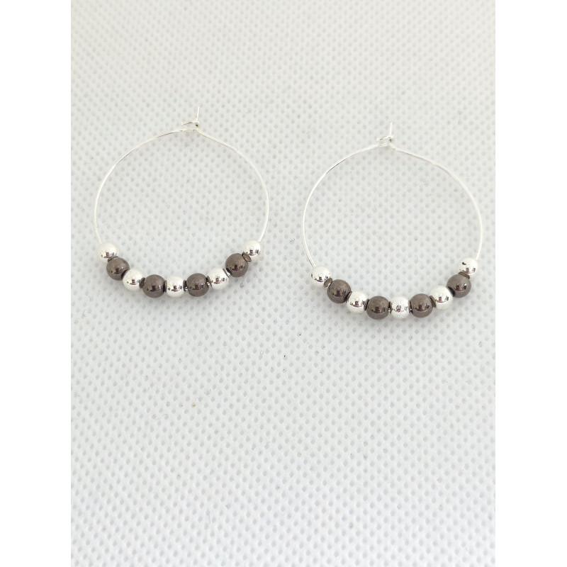 Boucles d'oreilles Créoles perles anthracite&argent