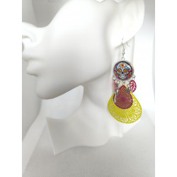 Boucles d'oreilles Tête de mort rose et jaune 12