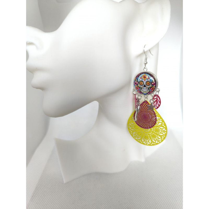 Boucles d'oreilles Tête de mort rose et jaune 12