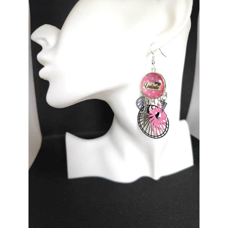 Boucles d'oreilles Louloute noir et rose