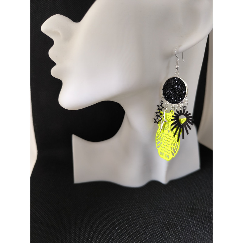 Boucles d'oreilles Hibou Noir & fluo